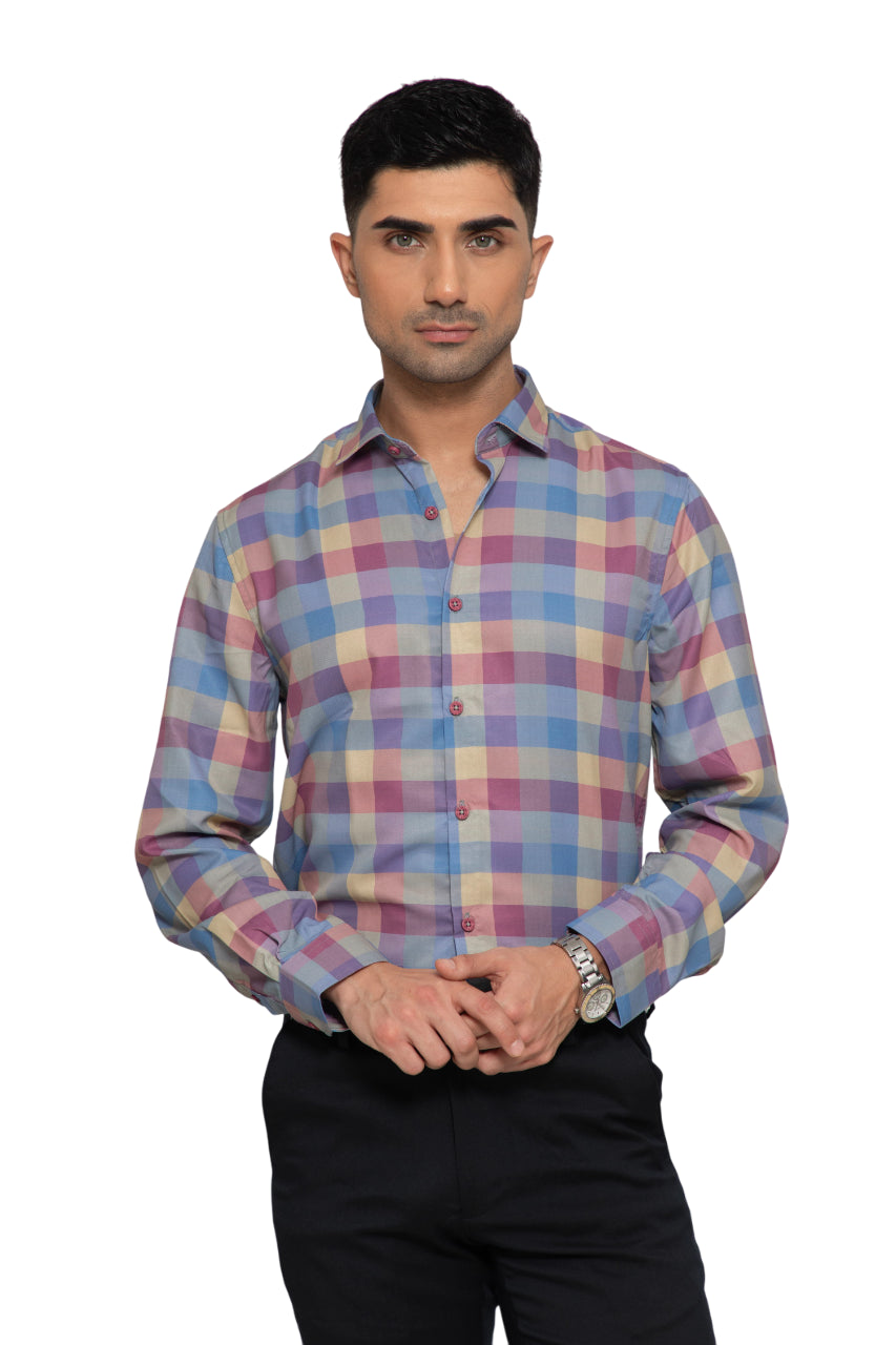 "Men Rainbow Cotton Check Full Sleeve Shirt"